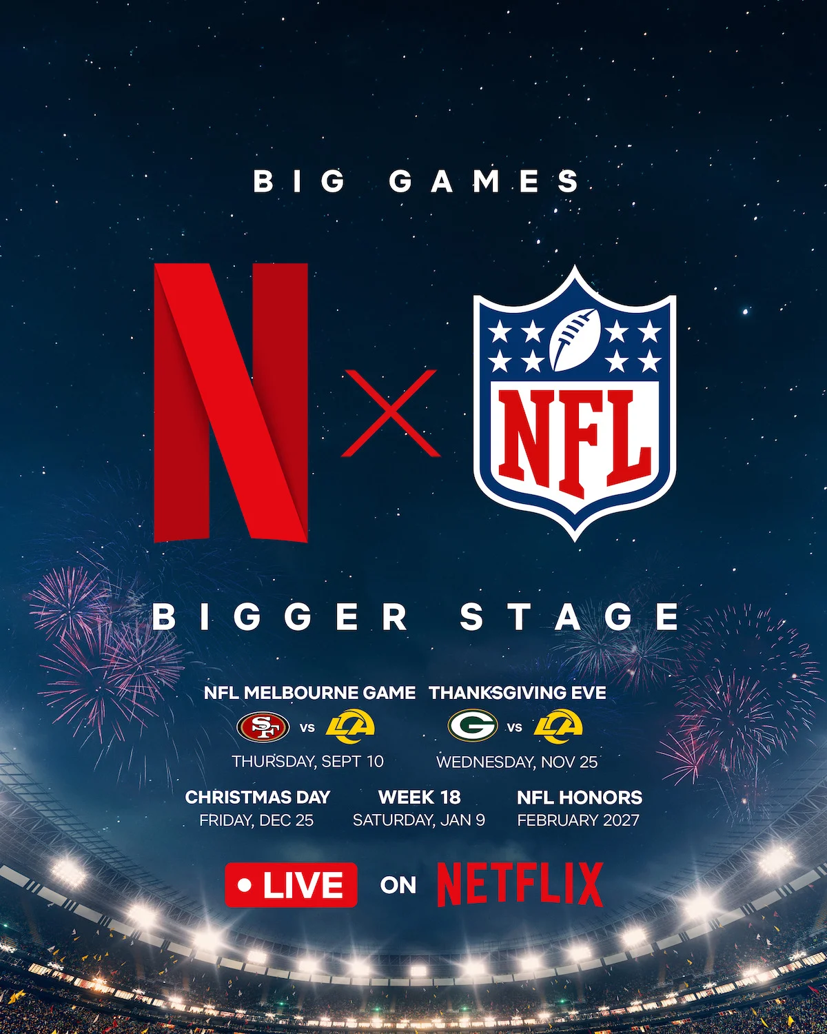 Veja 5 jogos inéditos da NFL que a Netflix vai transmitir em 2026 e horários exclusivos